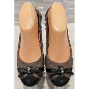 TOD'S Women's Taupe/Black Leather Ballet Flats Bow Detail Size 37/7